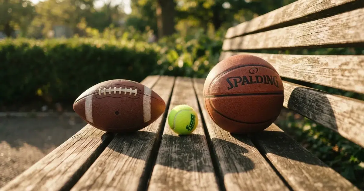 Drie ballen van verschillende soorten naast elkaar op een houten bank