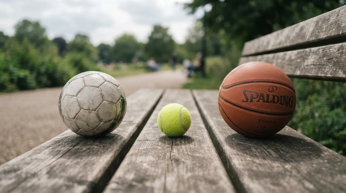 Drie ballen van verschillende soorten naast elkaar op een houten bank