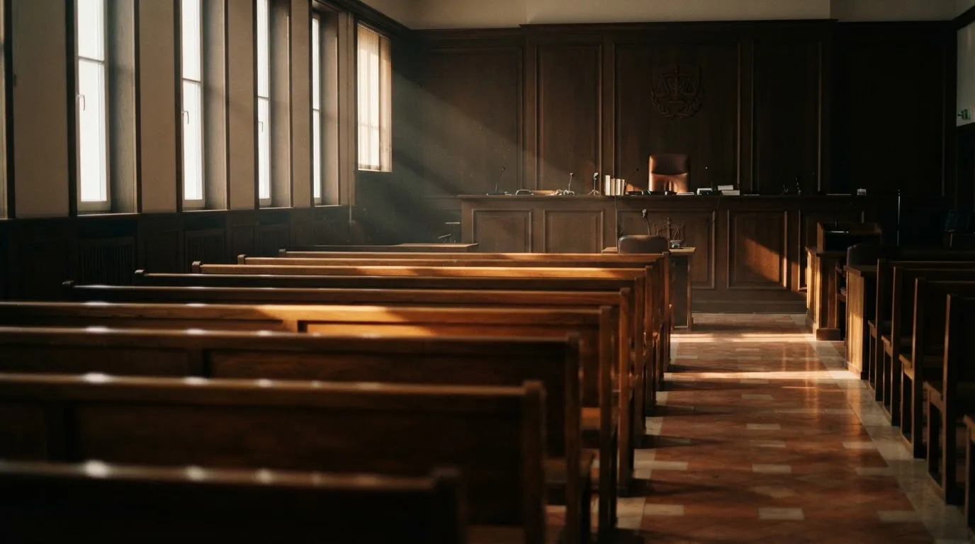 Een lege rechtszaal met houten banken in het ochtendlicht