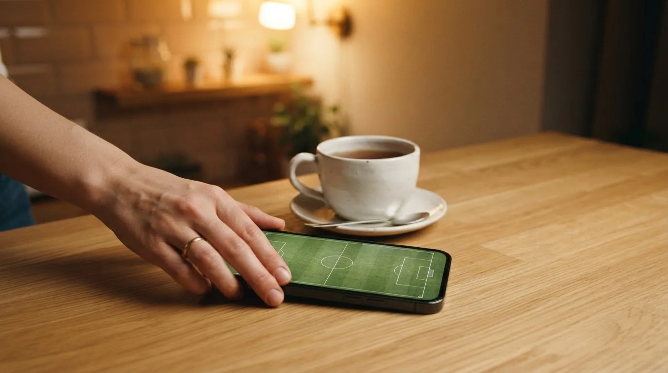 Een hand legt een smartphone naast een kopje thee op een keukentafel, een rustige avond
